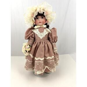 VTG Heirloom Treasure Happyland Porcelain Doll with Stand Brown Hair 16"